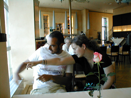 Marlen pointing out sights in Leipzig